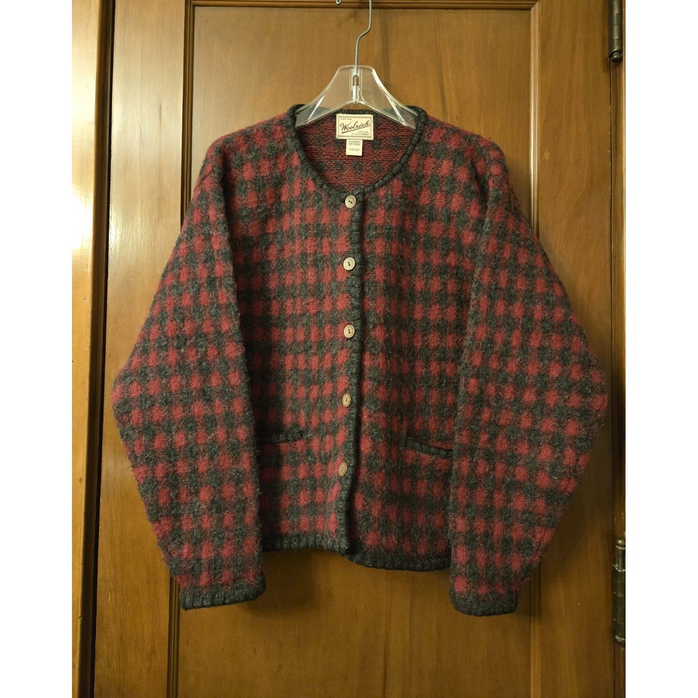 Vintage Woolrich Red Charcoal Gray Houndstooth Plaid Wool Cardigan Size Medium